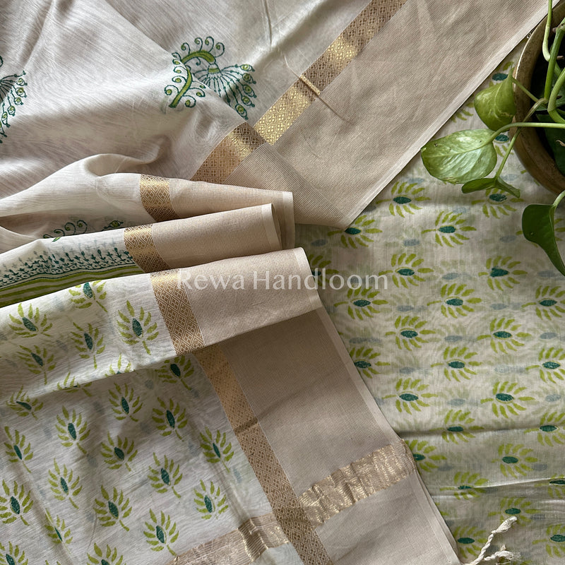 Maheshwari White Handblock Print Top-Dupatta HBS026