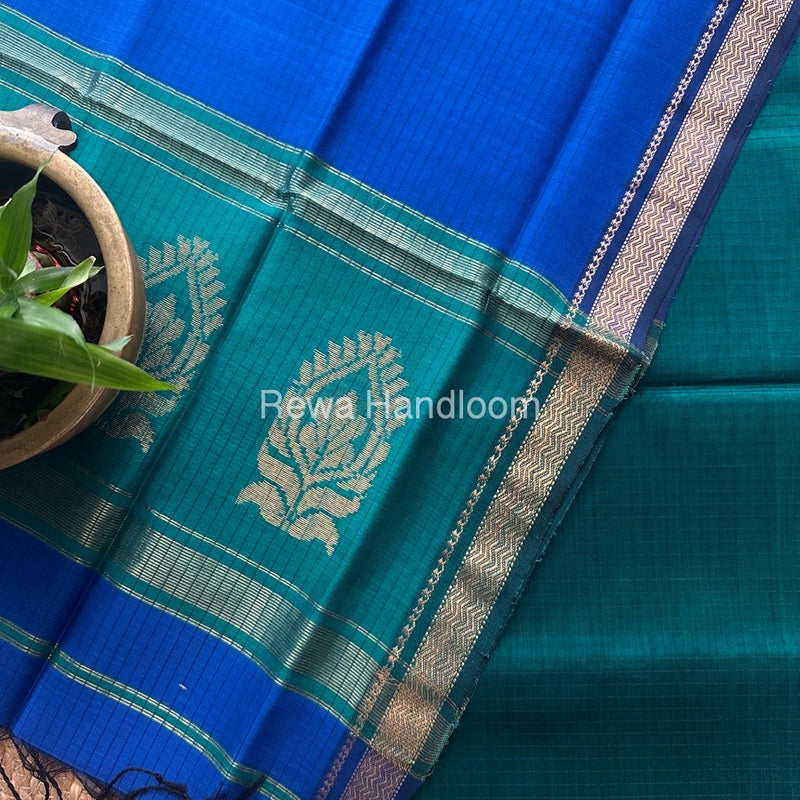 Maheshwari Green-Dark Blue Motifs Top-Dupatta Set MS0167