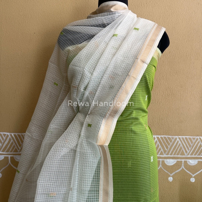 Maheshwari Parrot Green-White Katan Motifs Top Dupatta Sets KBS02