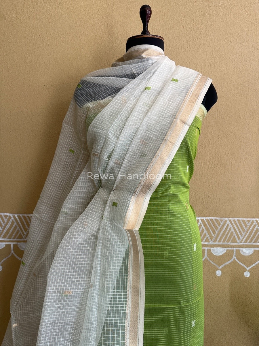 Maheshwari Parrot Green-White Katan Motifs Top Dupatta Sets KBS02