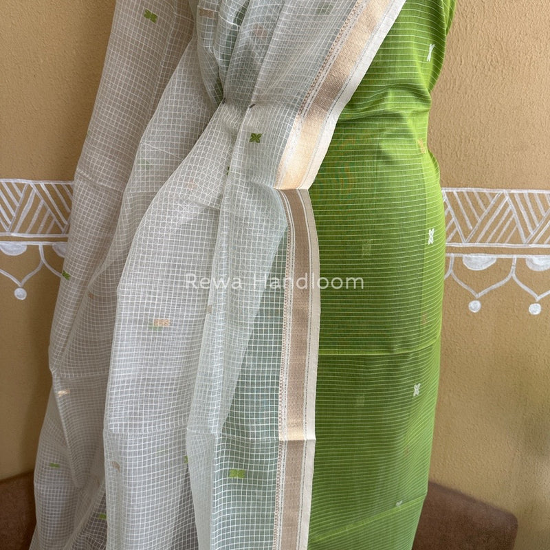 Maheshwari Parrot Green-White Katan Motifs Top Dupatta Sets KBS02