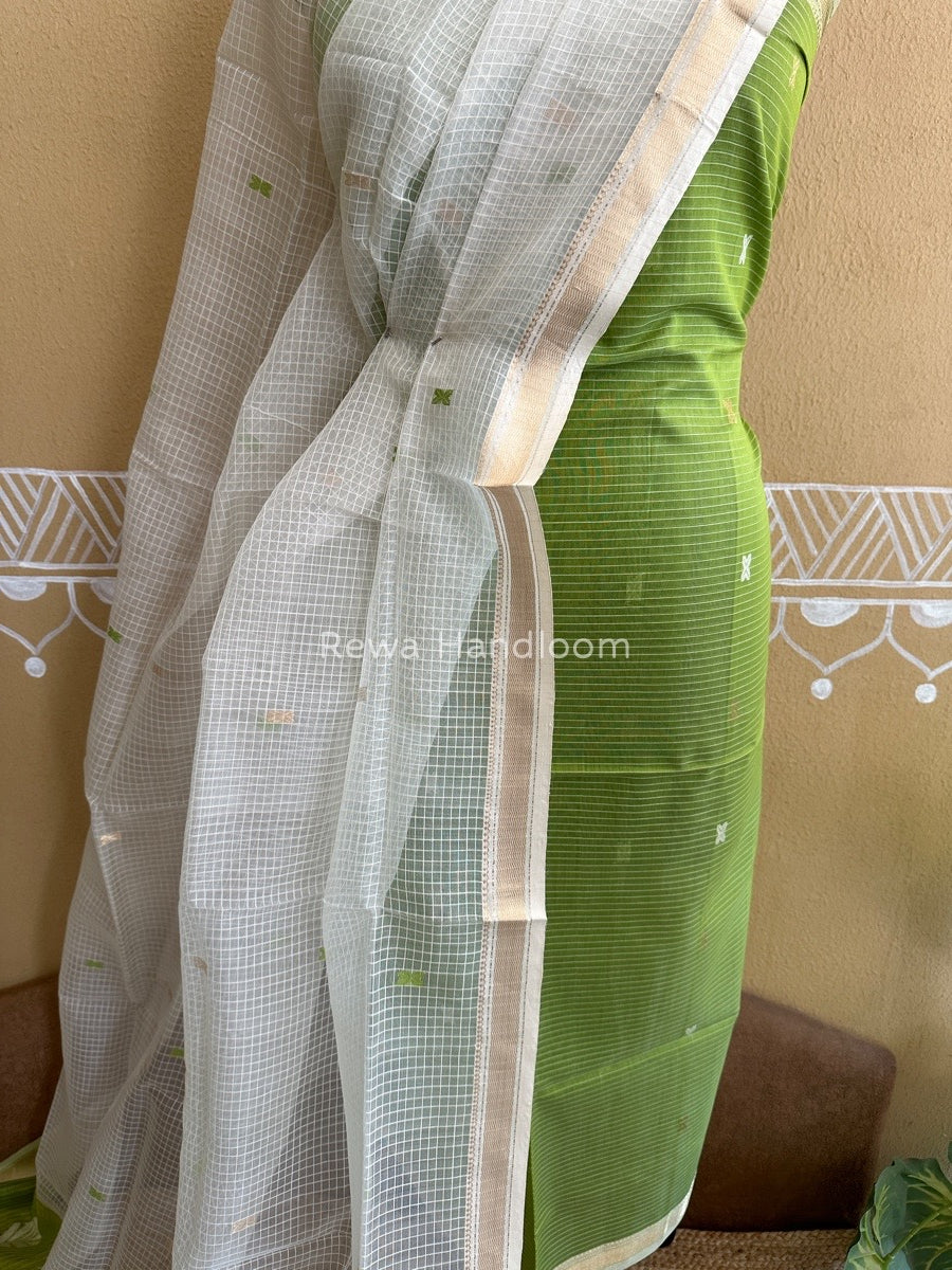 Maheshwari Parrot Green-White Katan Motifs Top Dupatta Sets KBS02