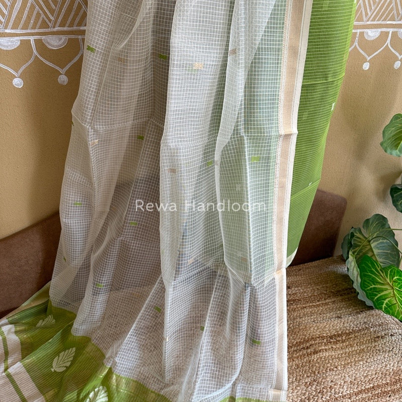 Maheshwari Parrot Green-White Katan Motifs Top Dupatta Sets KBS02