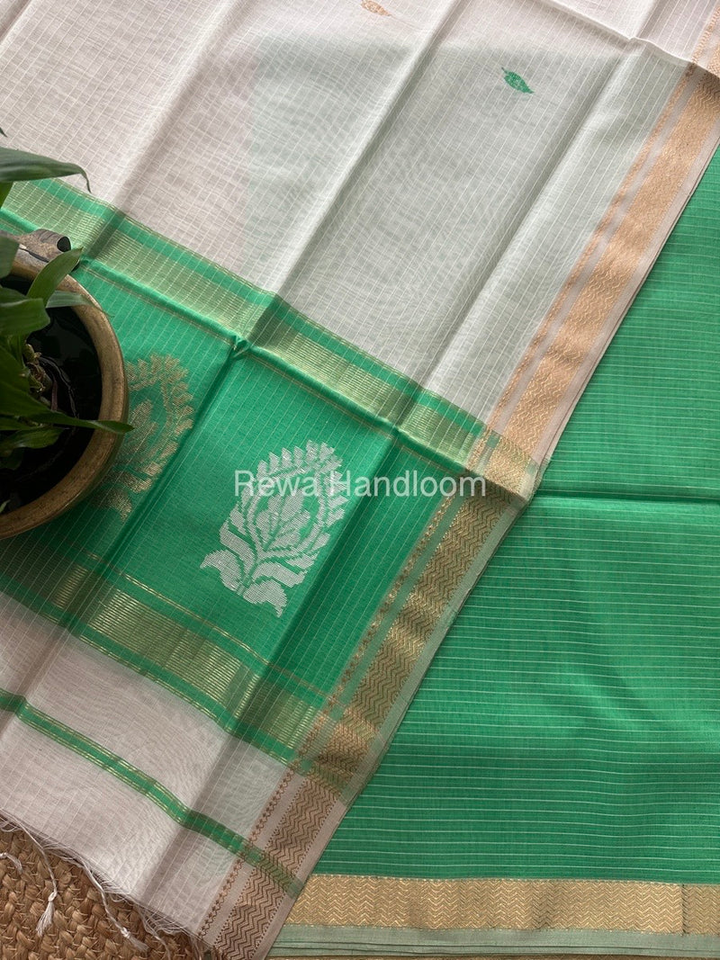Maheshwari Sea Green-White Motifs Top-Dupatta Set MS0169