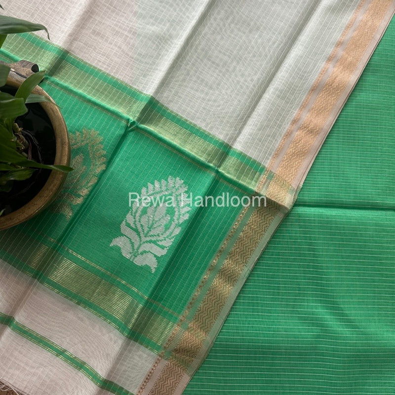 Maheshwari Sea Green-White Motifs Top-Dupatta Set MS0169