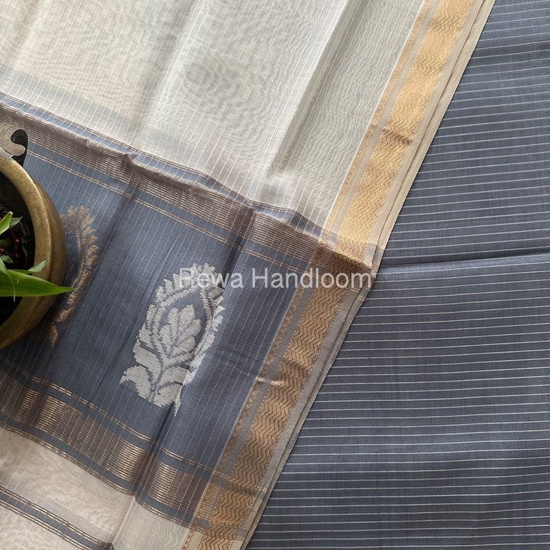 Maheshwari Grey-White Motifs Top-Dupatta Set MS0161