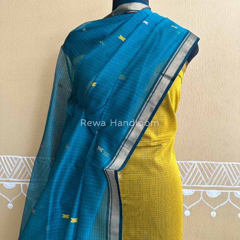 Maheshwari Mustard Yellow- Rama Green Katan Motifs Top Dupatta Sets KBS036