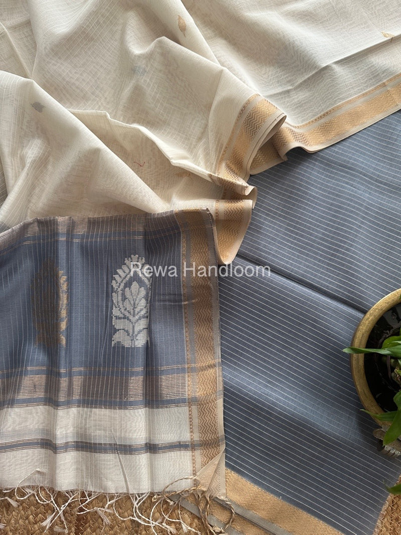 Maheshwari Grey-White Motifs Top-Dupatta Set MS0161