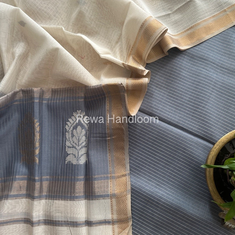 Maheshwari Grey-White Motifs Top-Dupatta Set MS0161