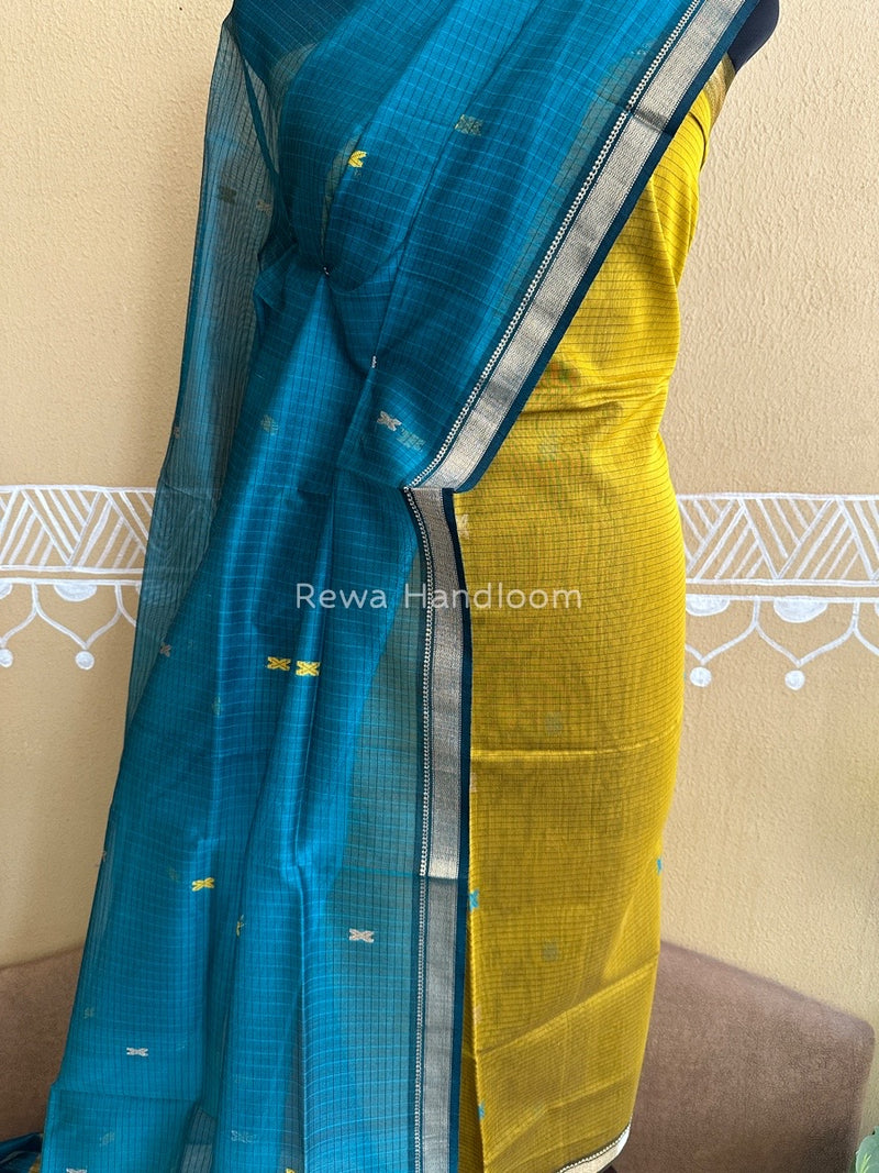Maheshwari Mustard Yellow- Rama Green Katan Motifs Top Dupatta Sets KBS036