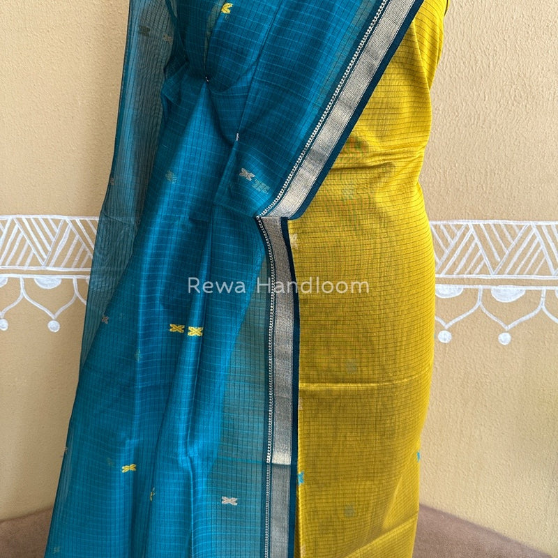 Maheshwari Mustard Yellow- Rama Green Katan Motifs Top Dupatta Sets KBS036