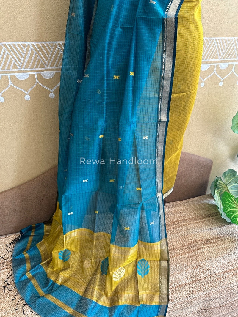 Maheshwari Mustard Yellow- Rama Green Katan Motifs Top Dupatta Sets KBS036
