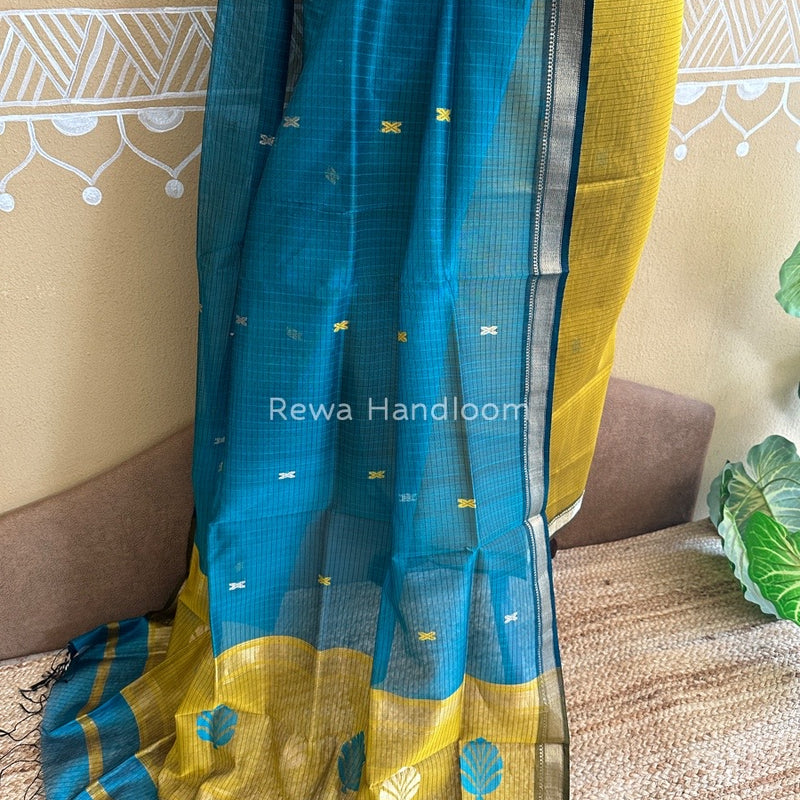 Maheshwari Mustard Yellow- Rama Green Katan Motifs Top Dupatta Sets KBS036