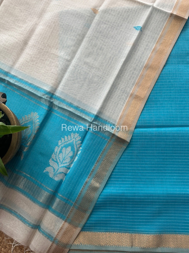 Maheshwari Sky Blue-White Motifs Top-Dupatta Set MS0140