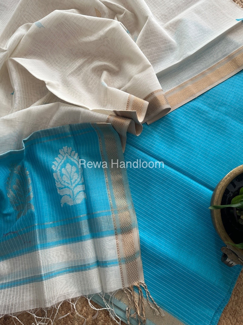 Maheshwari Sky Blue-White Motifs Top-Dupatta Set MS0140