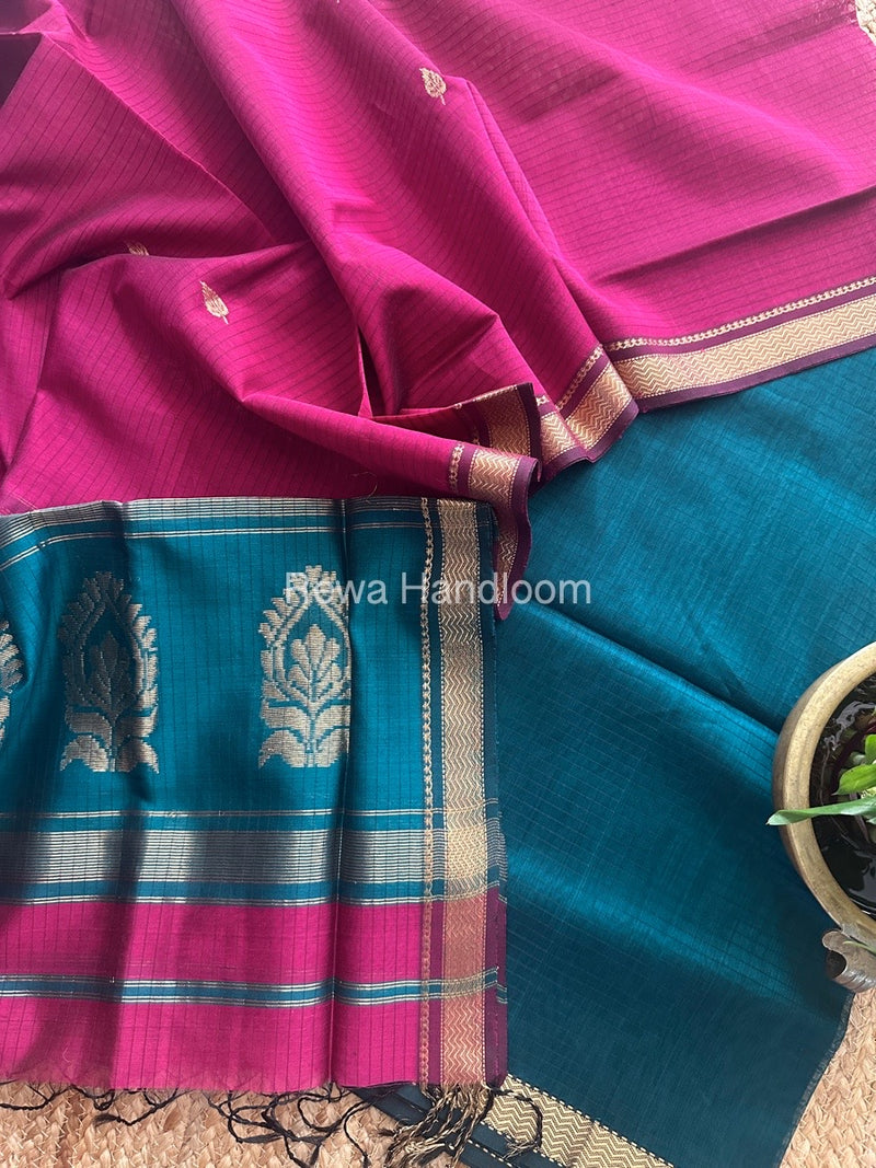 Maheshwari Rama Green-Magenta Motifs Top-Dupatta Set MS0171