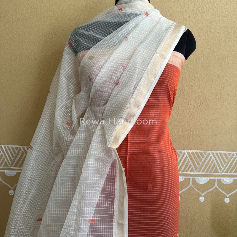Maheshwari Mid Orange- White Katan Motifs Top Dupatta Sets KBS044