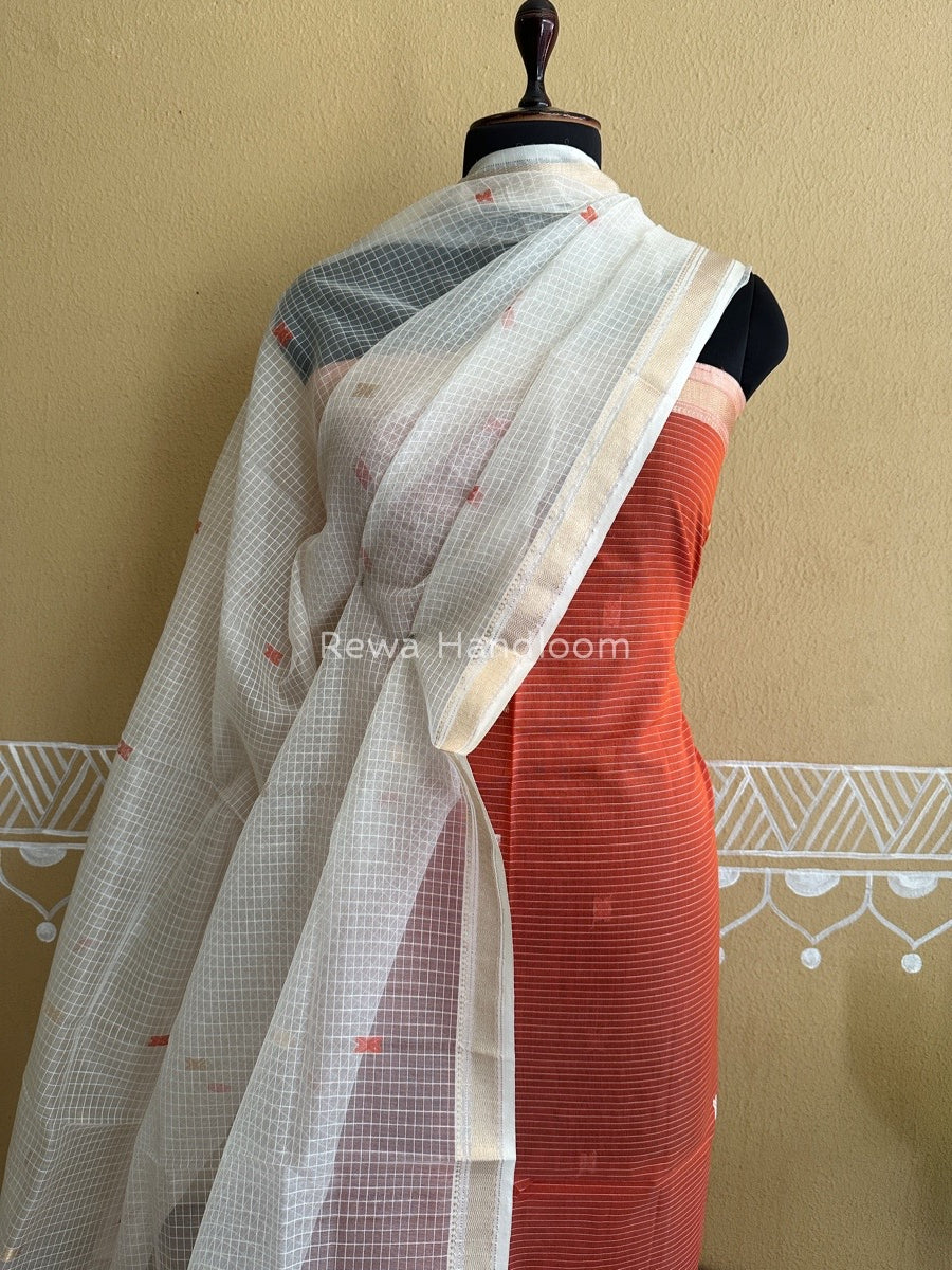 Maheshwari Mid Orange- White Katan Motifs Top Dupatta Sets KBS044