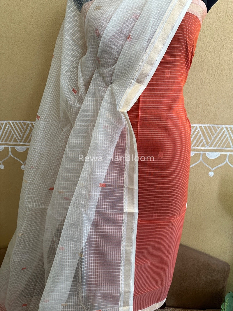 Maheshwari Mid Orange- White Katan Motifs Top Dupatta Sets KBS044