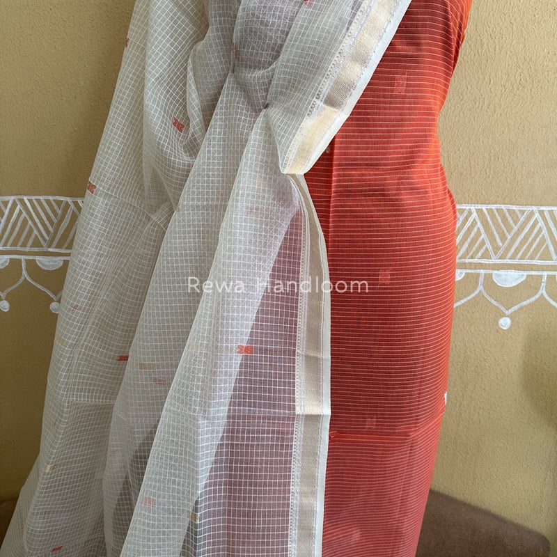 Maheshwari Mid Orange- White Katan Motifs Top Dupatta Sets KBS044