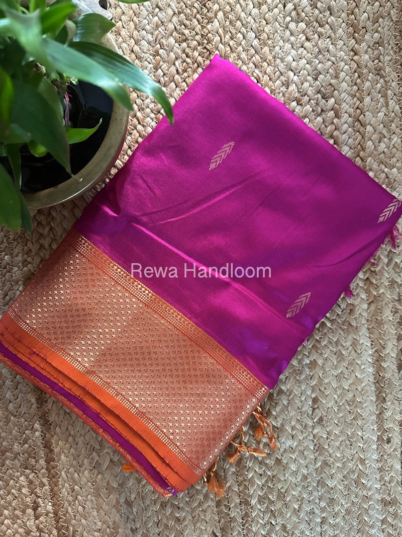 Maheshwari Dark Rani Pink-Orange Pure Silk Saree PS044