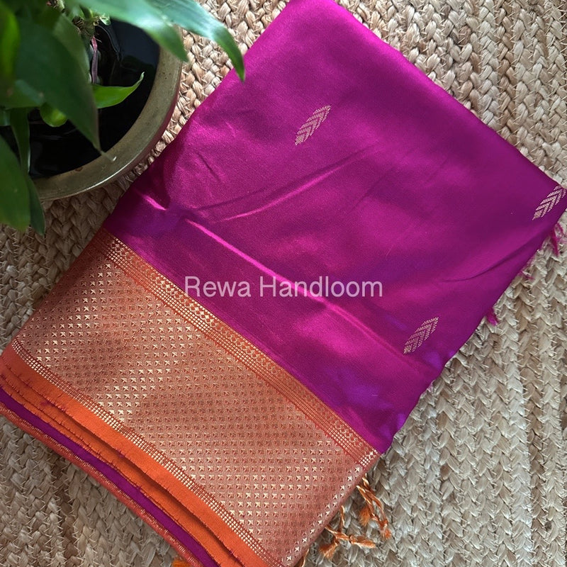 Maheshwari Dark Rani Pink-Orange Pure Silk Saree PS044