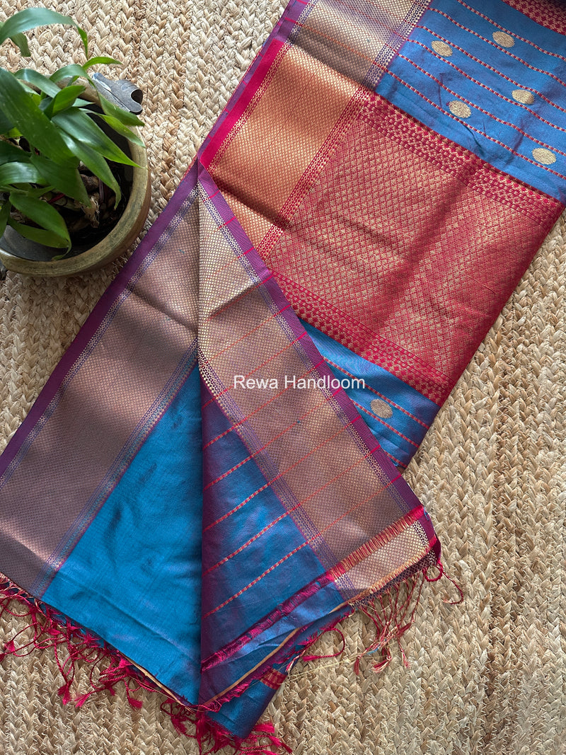 Maheshwari Blue Pure Silk Saree PS089