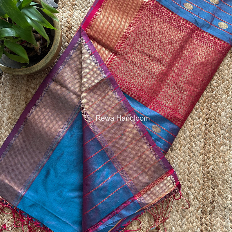 Maheshwari Blue Pure Silk Saree PS089