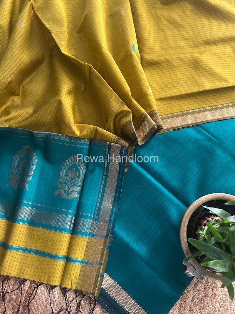 Maheshwari Sea Green-Yellow Motifs Top-Dupatta Set MS0166