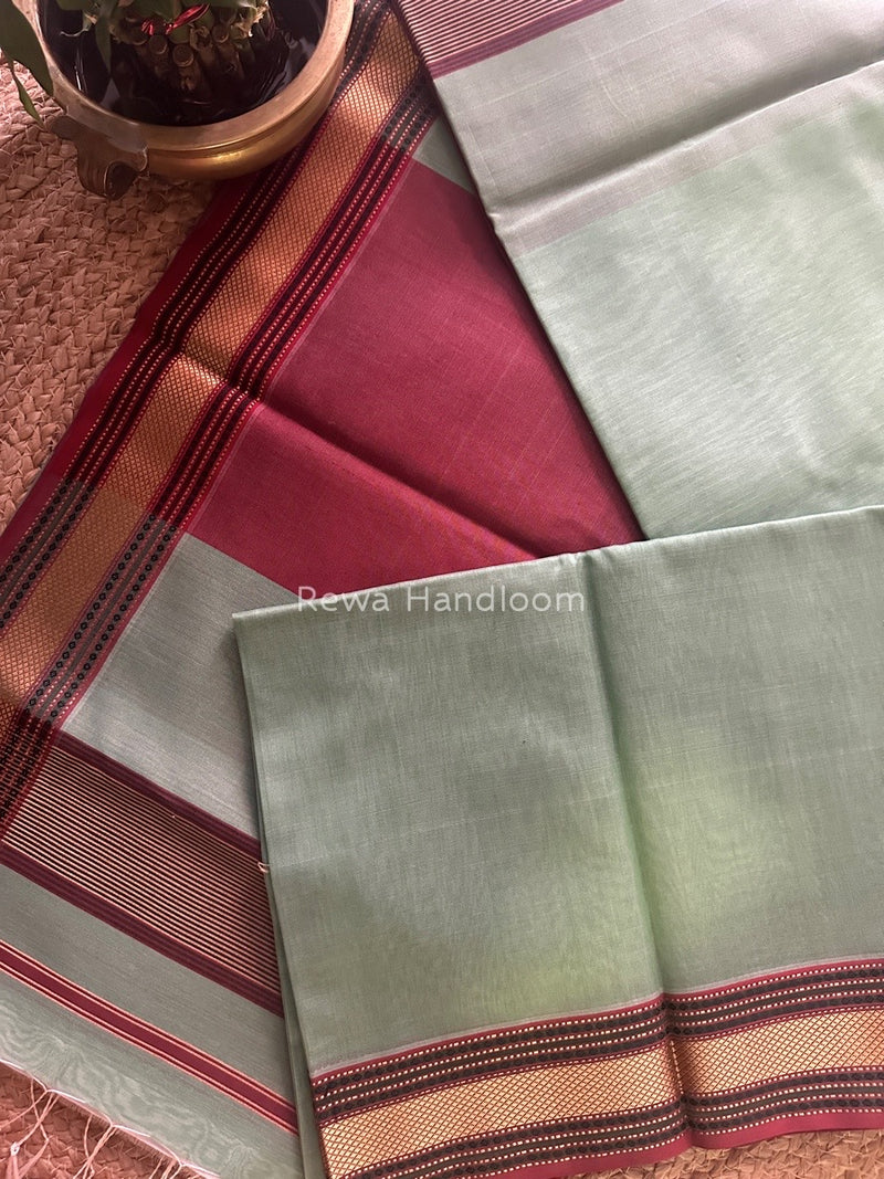 Exclusive Maheshwari Pista Green Zari Border Saree EZ02
