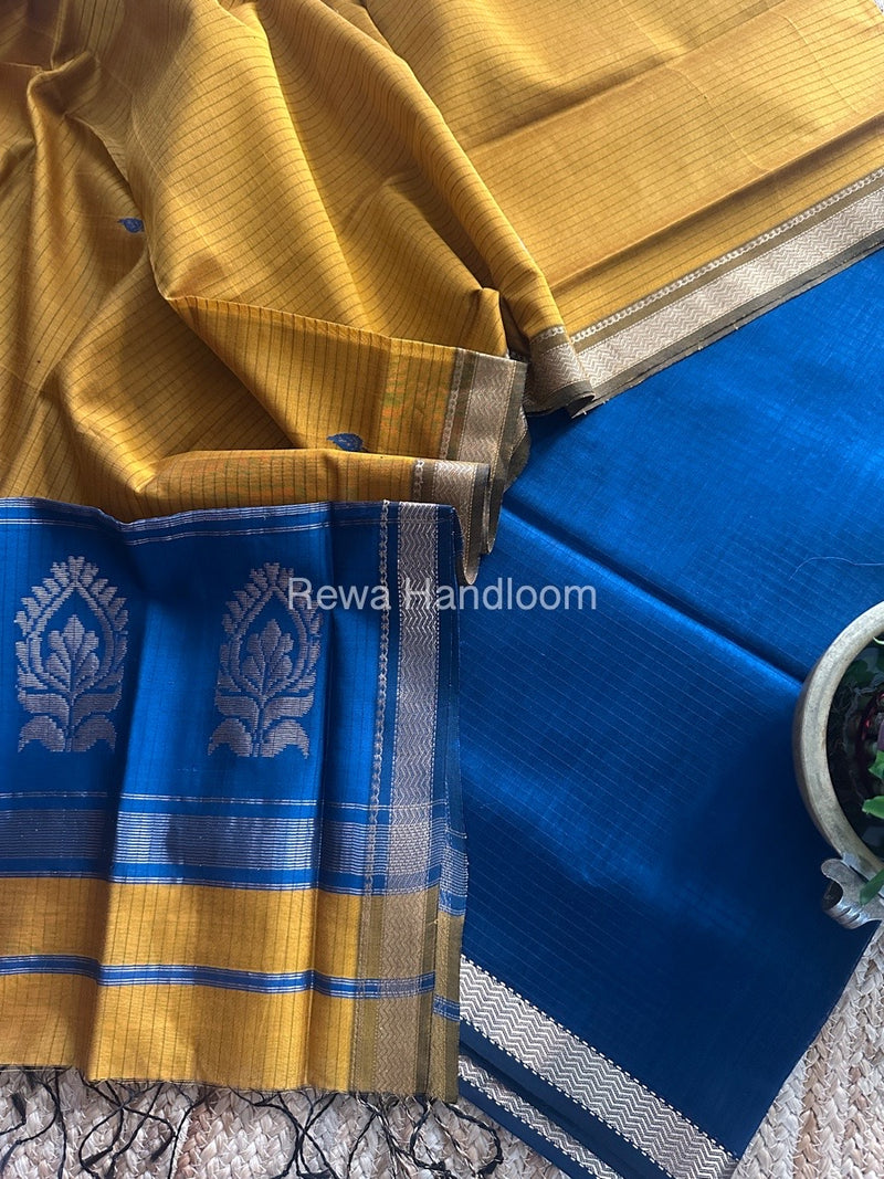 Maheshwari Shades Blue-Mustard Yellow Motifs Top-Dupatta Set MS0164