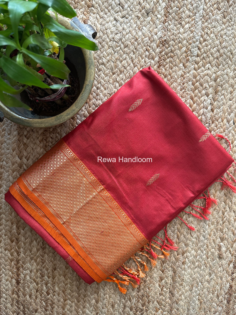 Maheshwari Carrot Red Pure Silk Saree PS091