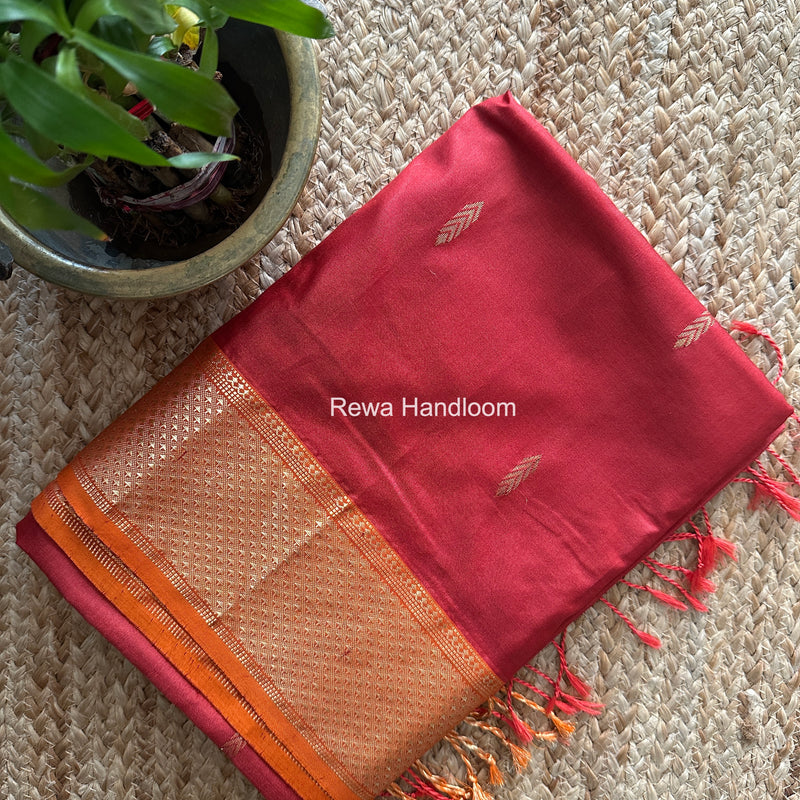 Maheshwari Carrot Red Pure Silk Saree PS091