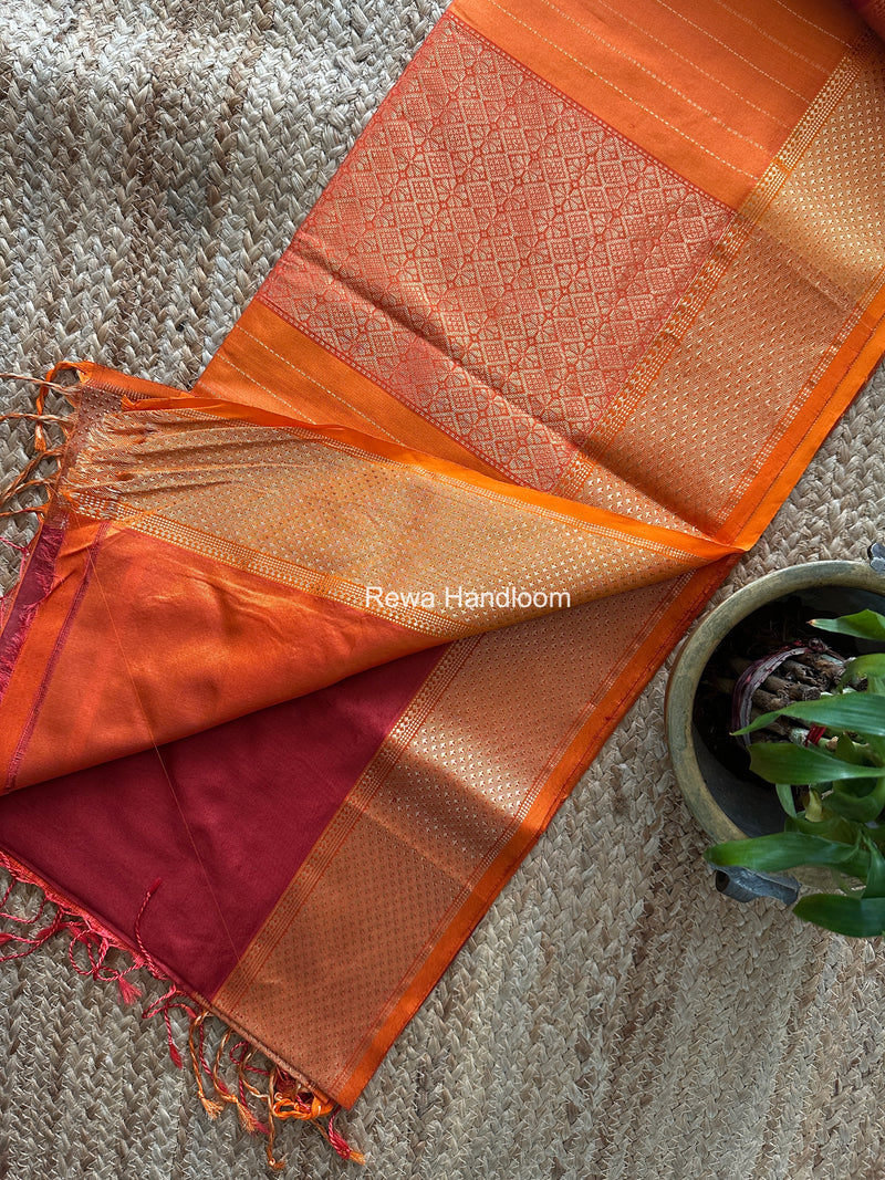Maheshwari Carrot Red Pure Silk Saree PS091