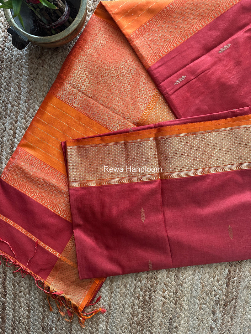 Maheshwari Carrot Red Pure Silk Saree PS091