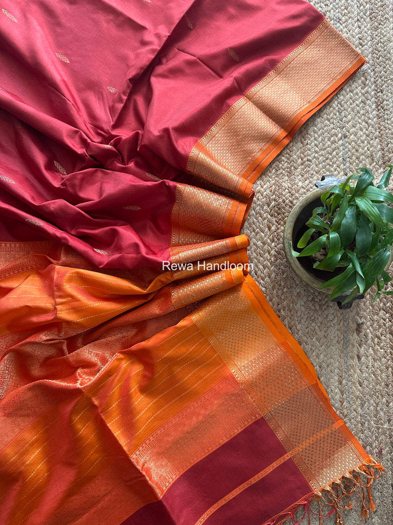 Maheshwari Carrot Red Pure Silk Saree PS091