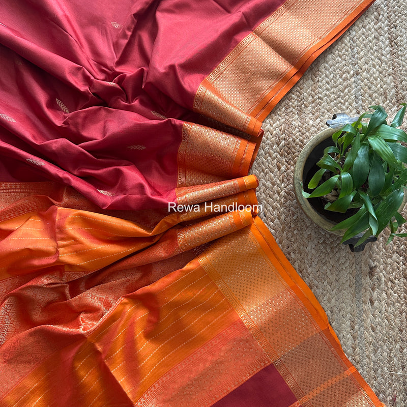 Maheshwari Carrot Red Pure Silk Saree PS091