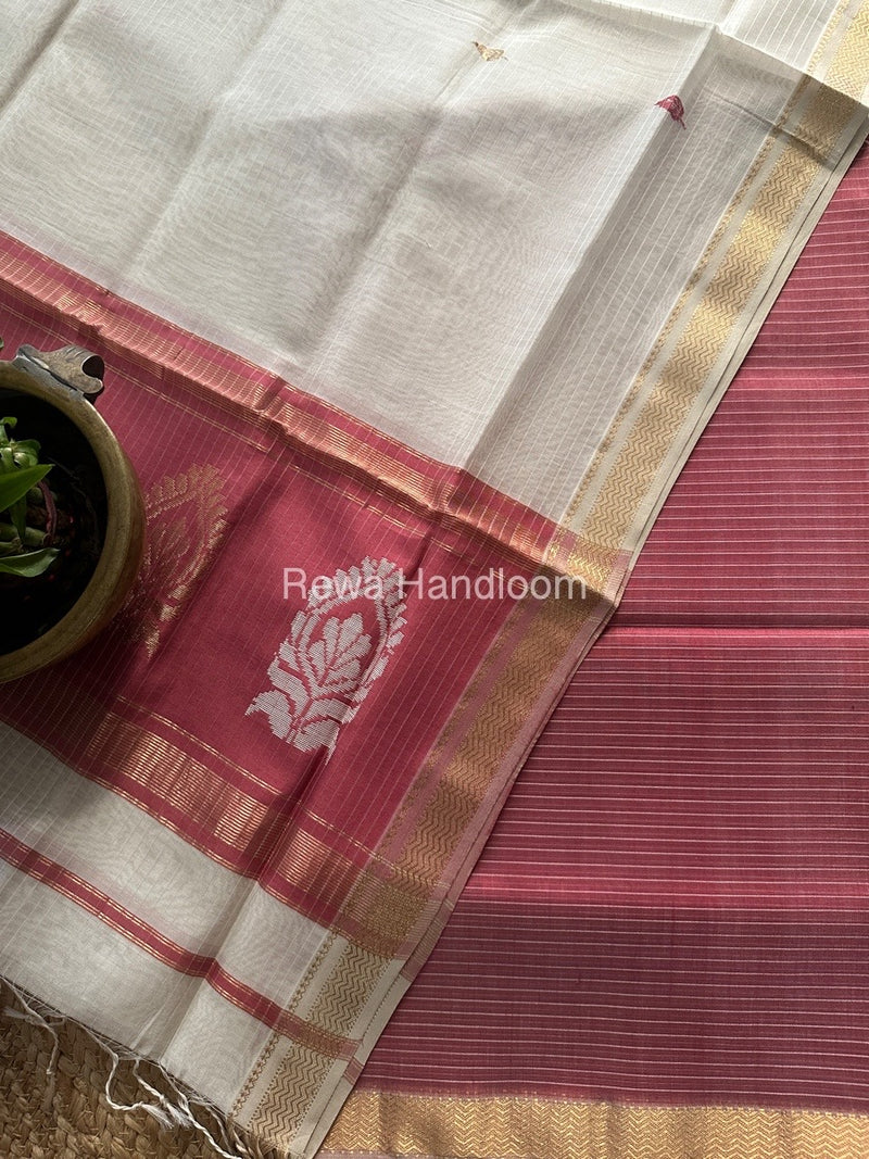 Maheshwari Onion-White Motifs Top-Dupatta Set MS0143