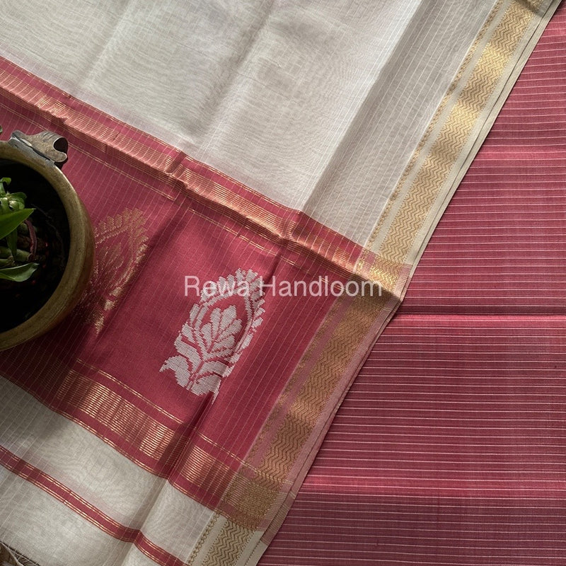 Maheshwari Onion-White Motifs Top-Dupatta Set MS0143