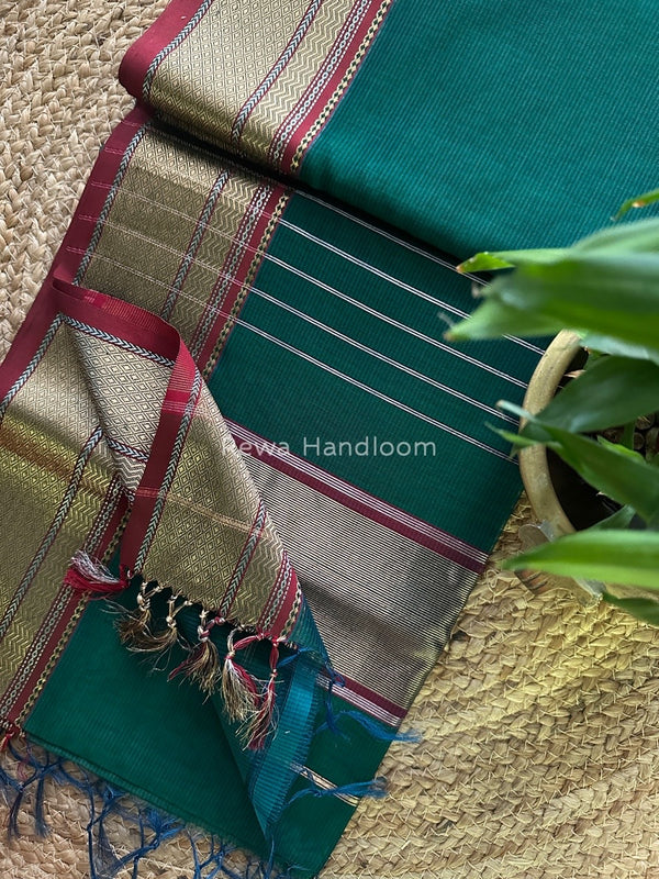 Exclusive Maheshwari peacock green Zari Border Saree EZ03