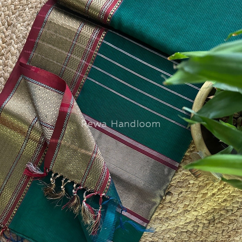 Exclusive Maheshwari peacock green Zari Border Saree EZ03