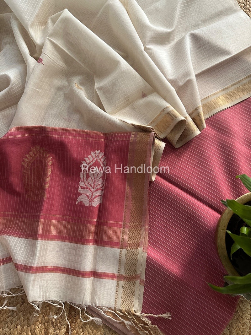 Maheshwari Onion-White Motifs Top-Dupatta Set MS0143