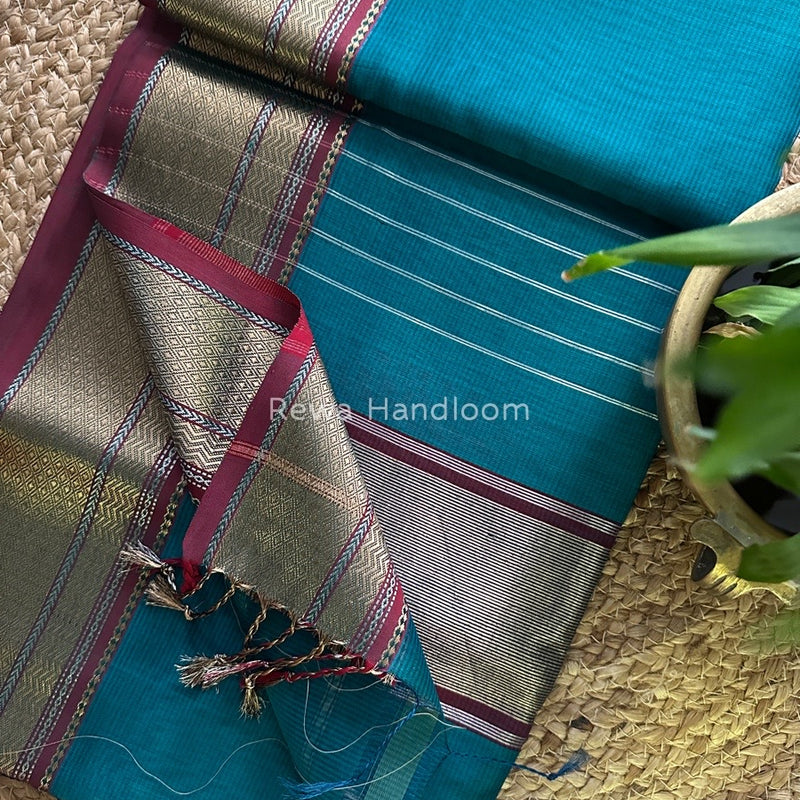 Exclusive Maheshwari Rama Green Zari Border Saree EZ08