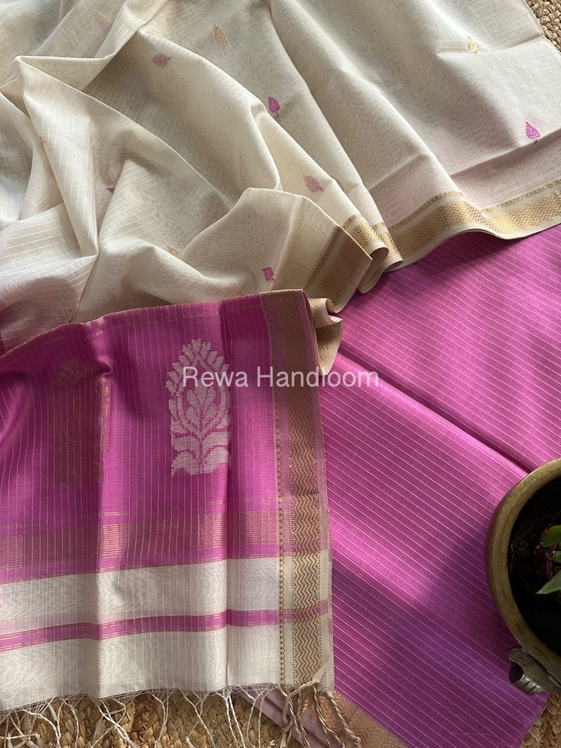 Maheshwari Pink-White Motifs Top-Dupatta Set MS0144