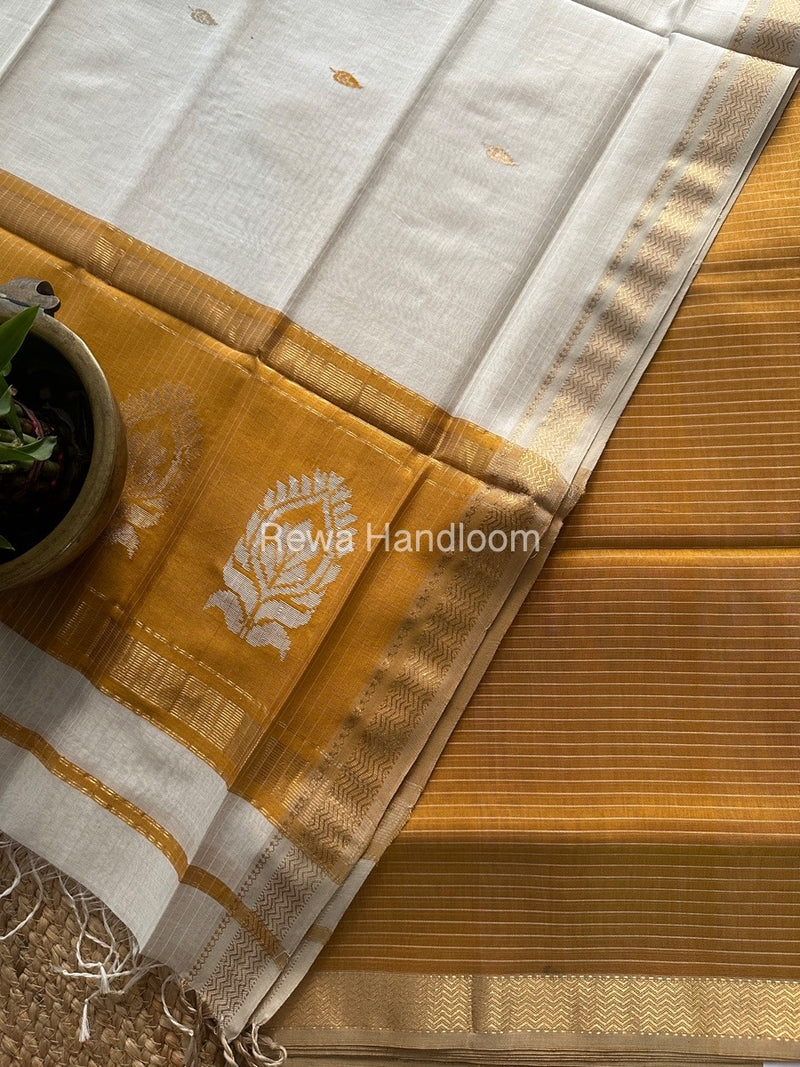 Maheshwari Mustard Yellow-White Motifs Top-Dupatta Set MS0145