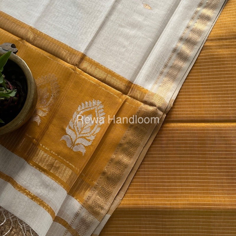 Maheshwari Mustard Yellow-White Motifs Top-Dupatta Set MS0145