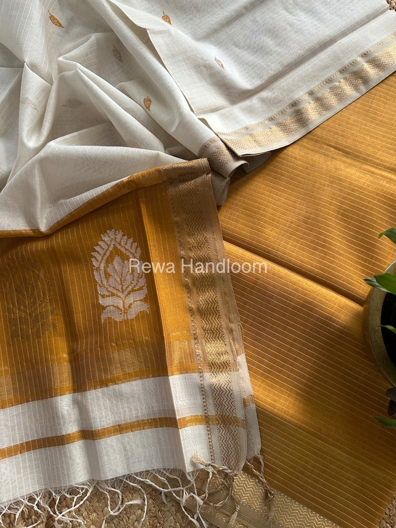 Maheshwari Mustard Yellow-White Motifs Top-Dupatta Set MS0145