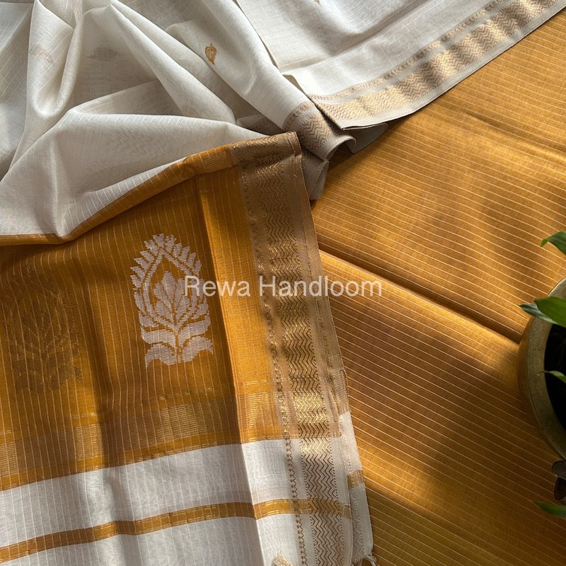 Maheshwari Mustard Yellow-White Motifs Top-Dupatta Set MS0145