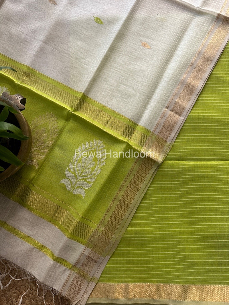 Maheshwari Parrot Green-White Motifs Top-Dupatta Set MS0163