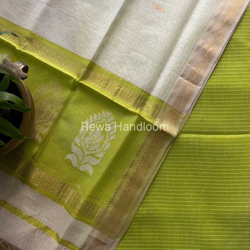 Maheshwari Parrot Green-White Motifs Top-Dupatta Set MS0163